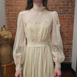 Vintage 70s Long Sleeve Edwardian Inspired Lace Wedding Dress